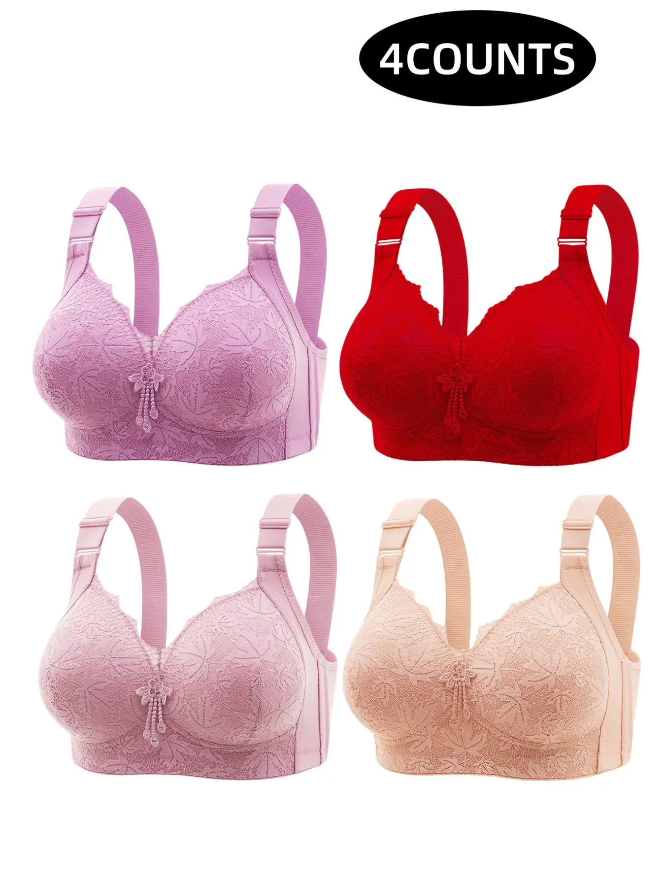 4-Piece Thin Women's Bra Set, Adjustable Straps, Floral Contrast Lace, Elegant Comfortable Breathable Wireless Everyday Bras, Full Coverage, Medium Support, Lace Wirefree Bra