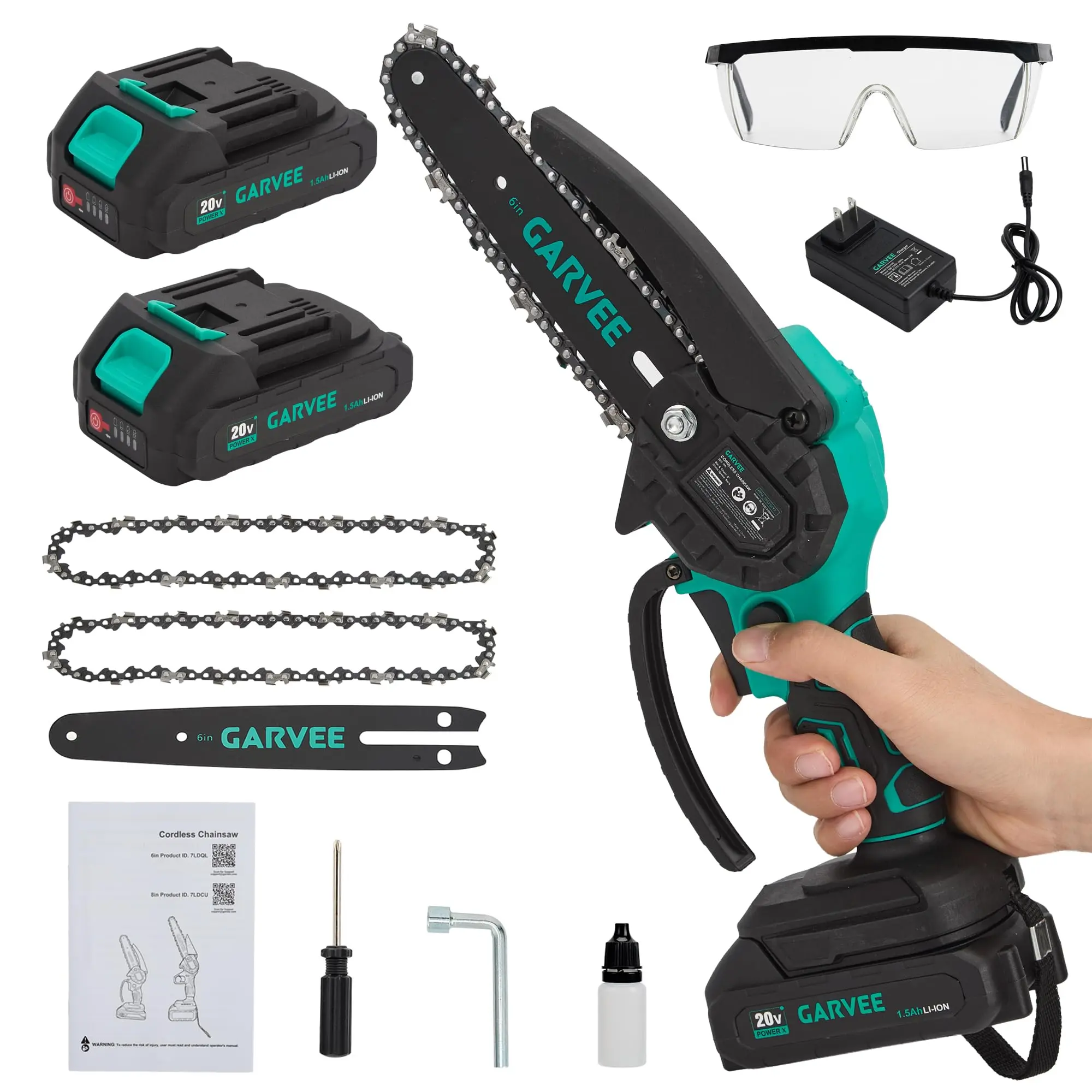 Garvee Upgraded Mini Chainsaw Cordless, 6 Inch Chain Saw with 2×20V 1500mAh Battery | 20V Light 4.63Lb Mini Chainsaw, 2×1.5Ah Batteries For 40-60Min Runtime. Perfect One-Hand Pruning For Women, Seniors & Beginne
