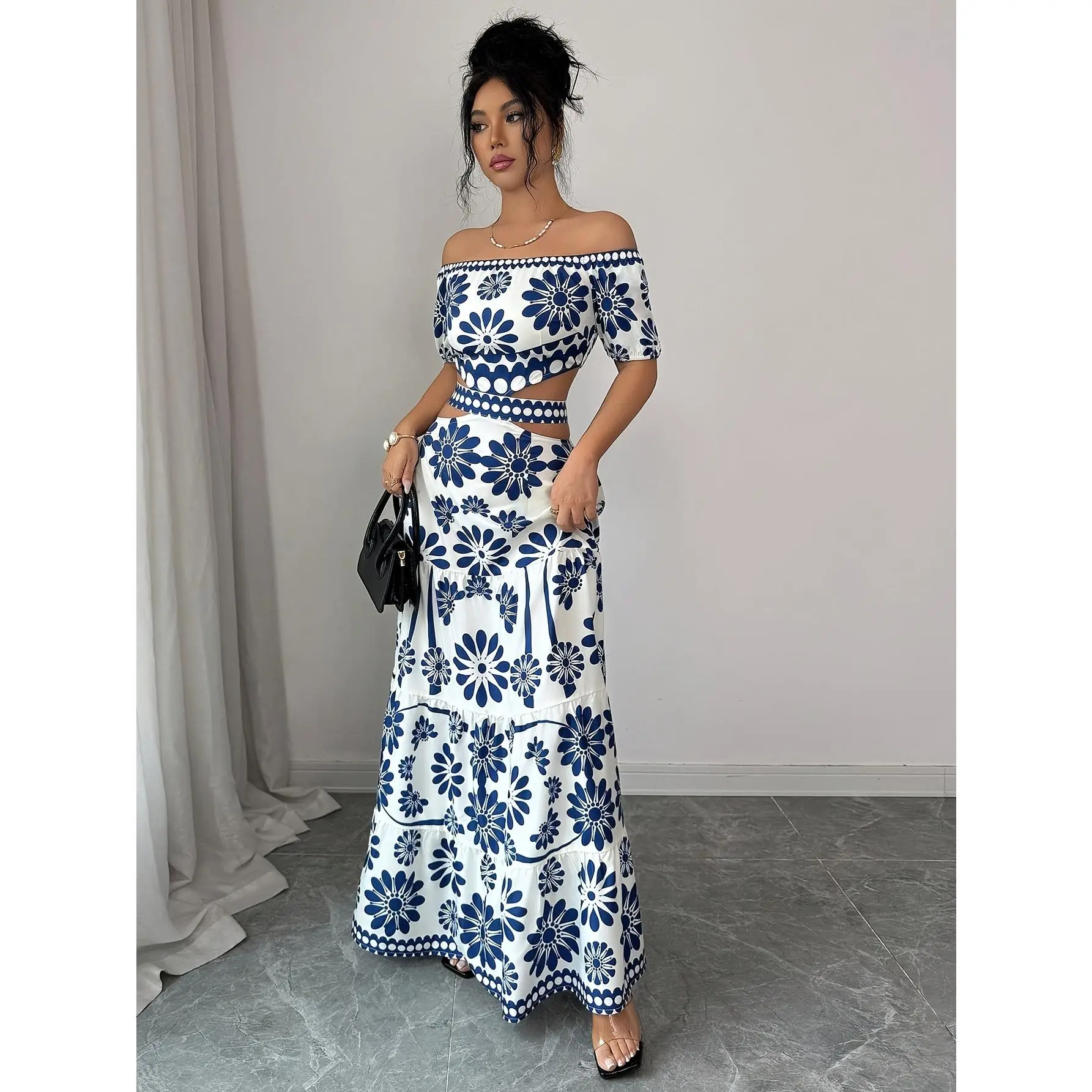 Women's Floral Printed Off-Shoulder Short-Sleeve Casual Dress with Hollow-Out Waist, Elegant Lady Fashion Dress ZLLZ, Shortsleeve, Waist Hollow