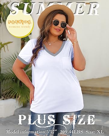 OFEEFAN Womens T Shirts Short Sleeve V Neck Loose Casual Summer Tops with Pocket Womenswear Vneck