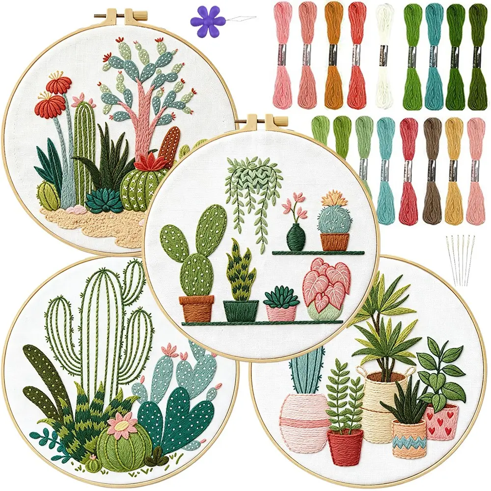 Cactus Theme Beginner Embroidery Kit, Pre-Printed Patterns, Includes 2 Hoops, Thread, Tools, Perfect for Sewing Enthusiasts