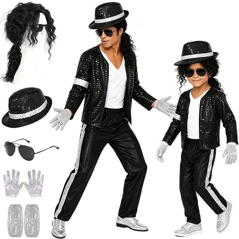 Adult Kids 80s 90s Pop Star Jackson Cosplay Costume Halloween Carnival Stage Performance Hip Hop Dance Matching Family Clothing
