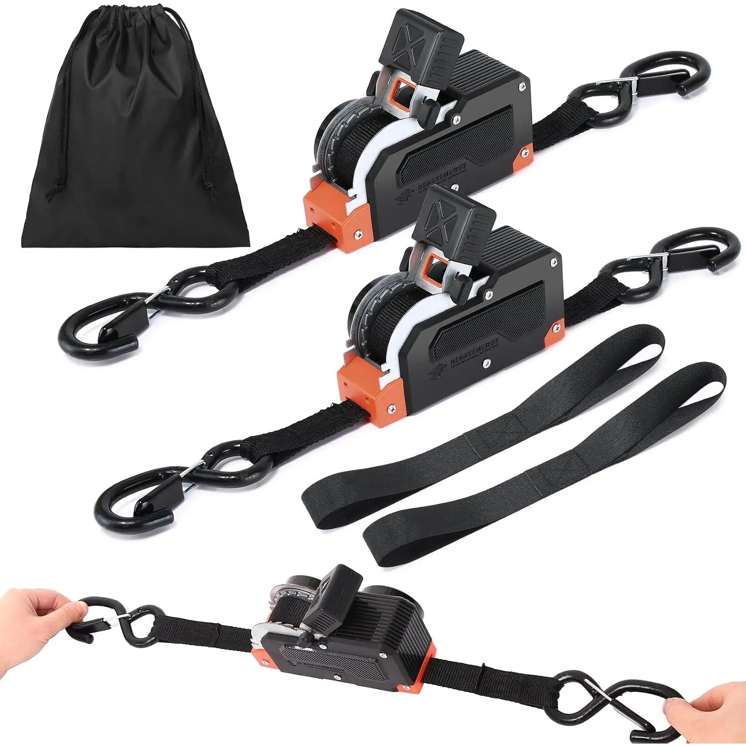 -End Retractable Ratchet Straps, 1 Inch x 16 , 1500 lb Break Strength, Heavy Duty Self-Retracting Tie Downs with Safety S-Hooks for , Kayak, Boat, ATV, , 2-Pack