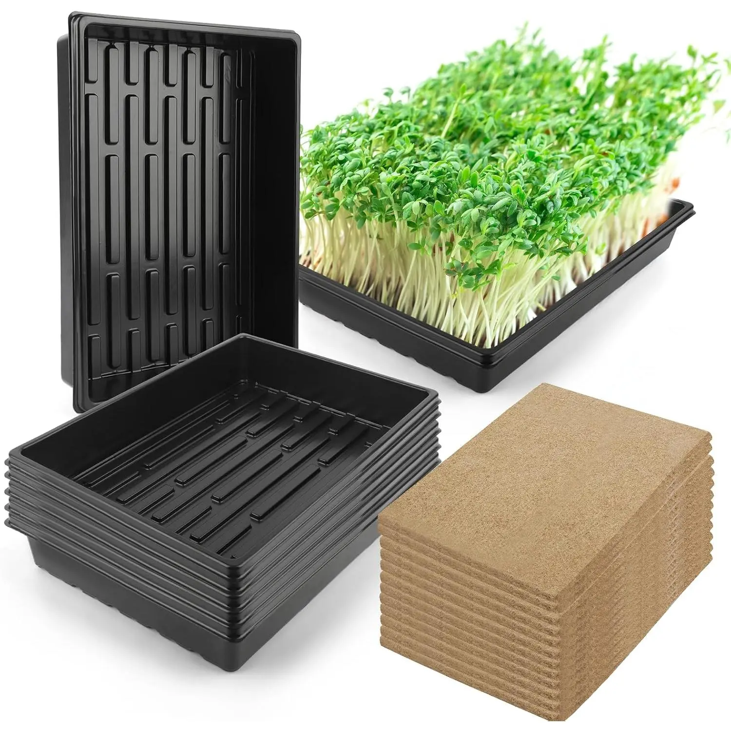 Microgreens Growing Trays Kit – 6 Pack Micro Green Grow Trays with 12 Hemp Fiber Grow Mats, 15 x 11 x 2.5 Inch Seed Starter Trays for Growing Microgreens, Indoor Gardening