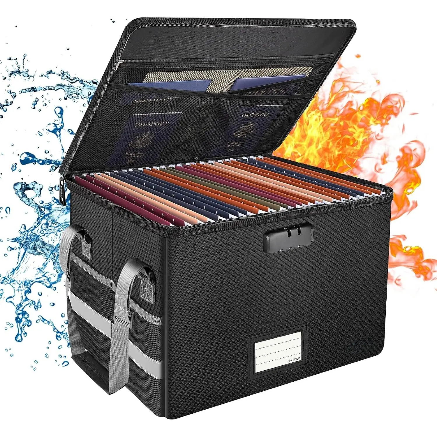 File Box with Lock,Fireproof Document Box with Zipper&Pockets,Collapsible File Organizer Filing Storage Cabinet with Handle,Portable  Office Safe for  Letter/Legal Folder,Black