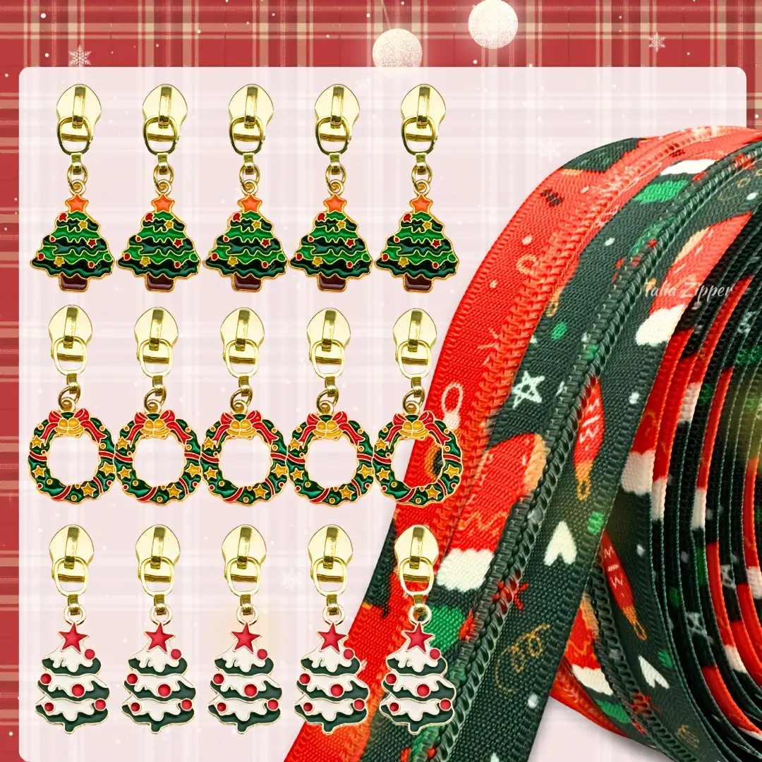 #5 5 yards printed long nylon zipper with 5pcs sliders, Christmas-themed zipper, ideal for home sewing, DIY crafts, and zipper replacement for bags, garments, home textiles, etc.