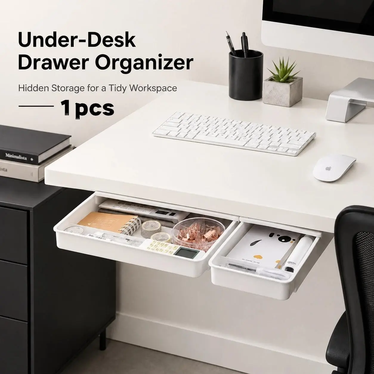 Space-Saving Under-Desk Drawer Organizer, No-Drill Hidden Storage Box, Slide-Out Desk Organizer for Office, Dorm, Stationery & Makeup