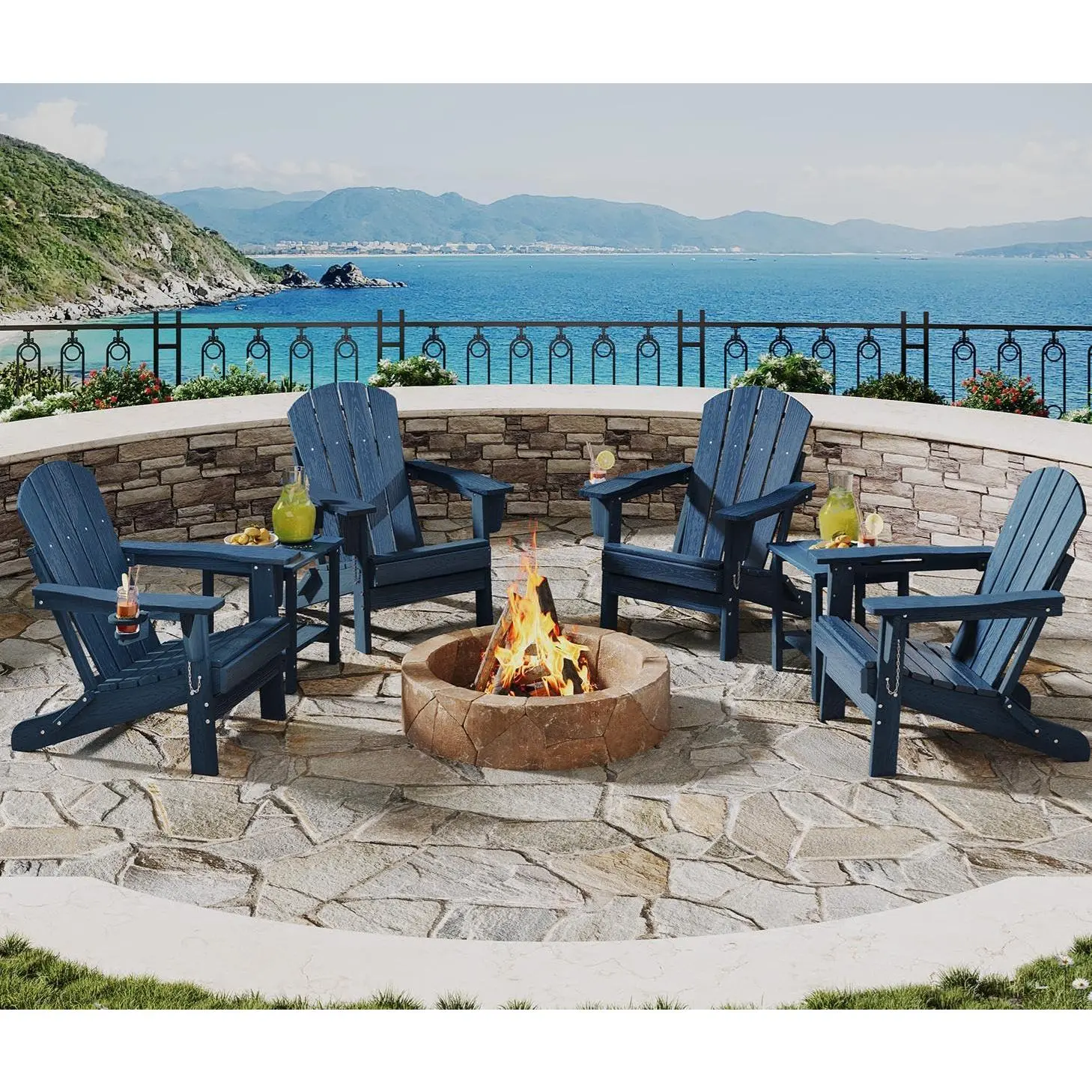 Gaomon Collapsible HDPE Plastic Wood Grain Adirondack Patio Set (4 Chairs, 2 Side Tables) - All-Weather Cup Holder-Equipped Outdoor Seating with Weight Capacity for Garden, Deck