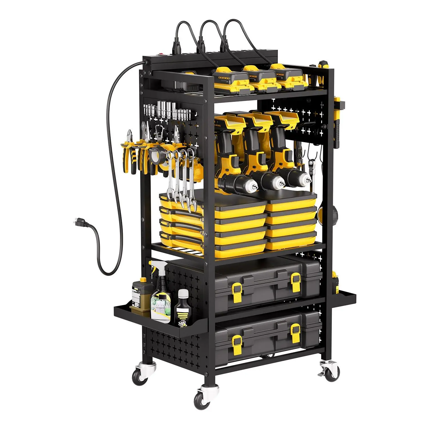 VEVOR 5-Tier Rolling Tool Organizer Cart with Charging Station, 8 AC Outlets, Floor Stand Drill Holder, Tool Battery Storage Rack, Rolling Wheels for Workshop Storage, Garage, Drill Holder Rack