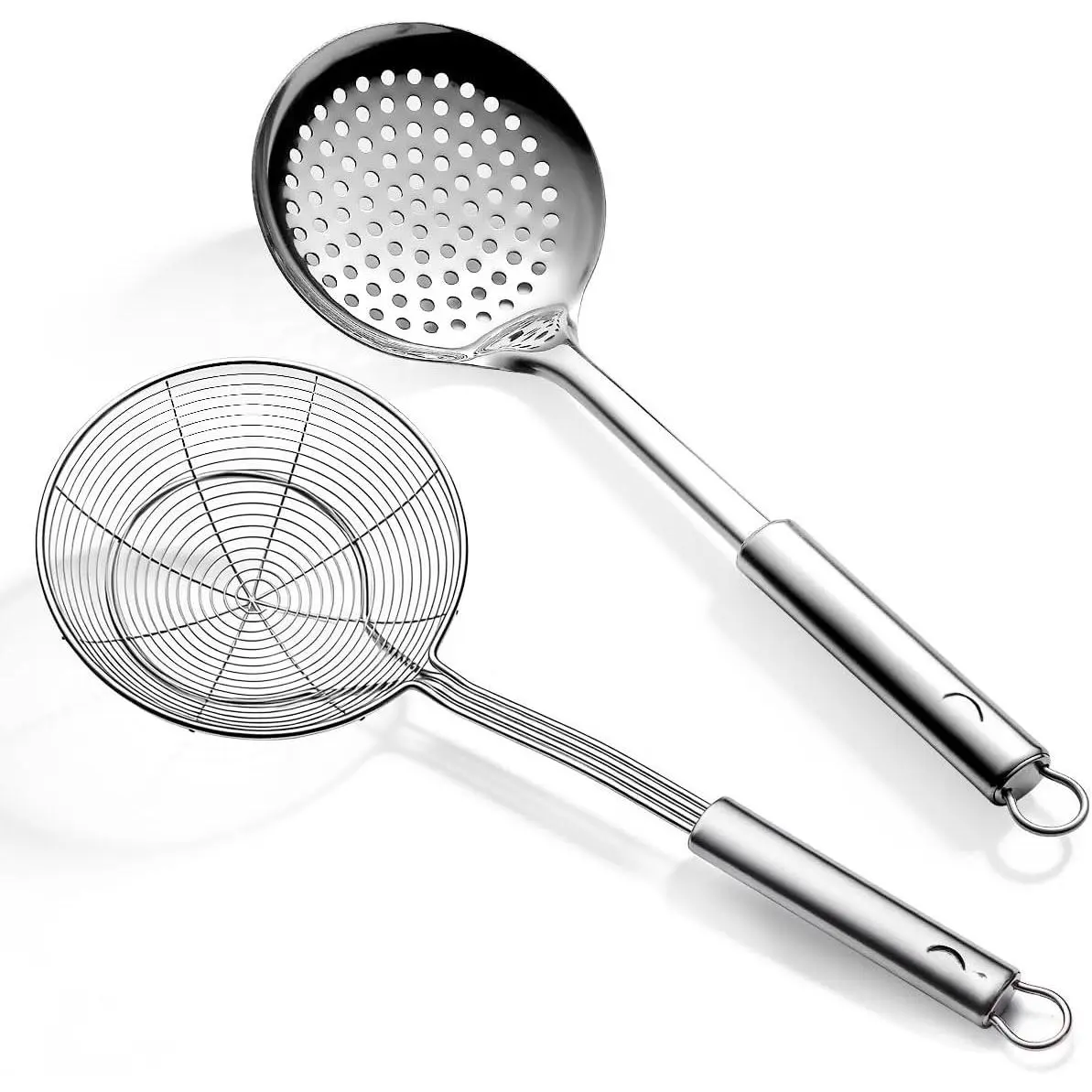Spider Strainer Skimmer Ladle 2 count, Stainless Steel Kitchen Skimmer Slotted Spoons for for Straining Pasta/Cooking/Frying, Kitchen Utensils Wire Strainer Pasta Spoon