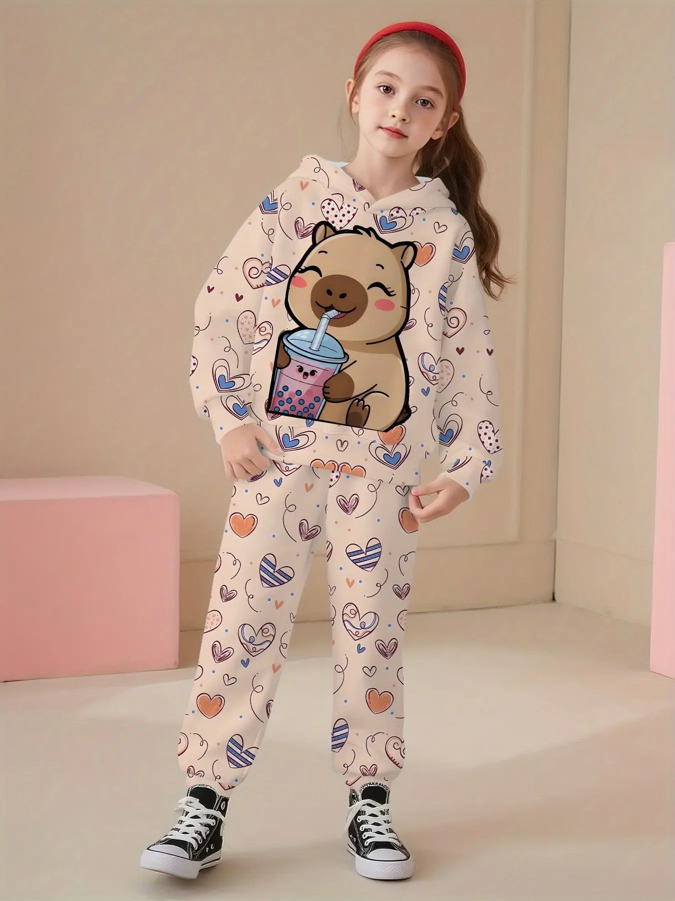 Girls' Capybara Sweatshirt Set, Butterfly Print Polka Dot Decor, Loose-Fit Casual, Fall & Winter Home Wear