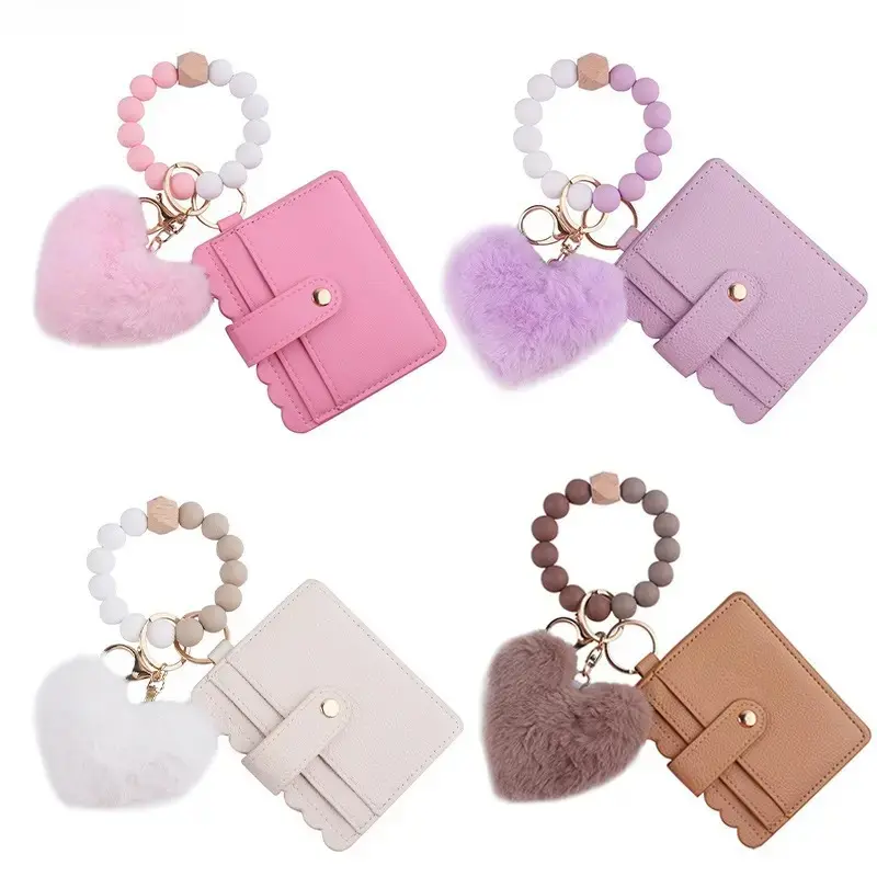 Women's PU Leather Mini Card Holder Wallet Wristlet Keychain Set - Silicone Beads, Plush Heart Charm, Elastic Bangle Key Ring Bag Accessories for Keys, ID, Daily Use