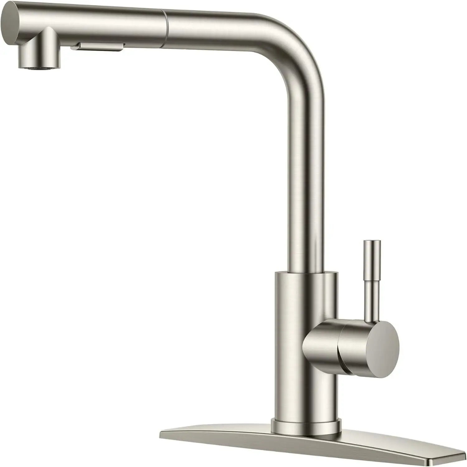FORIOUS Modern Compact L-Shape Pull-Out Sprayer Kitchen Faucet, Single Handle Brushed Nickel, 2-Mode Stainless Steel Sink Faucet with Deck Plate, Fits 1 or 3 Holes for Bar Farmhouse Use