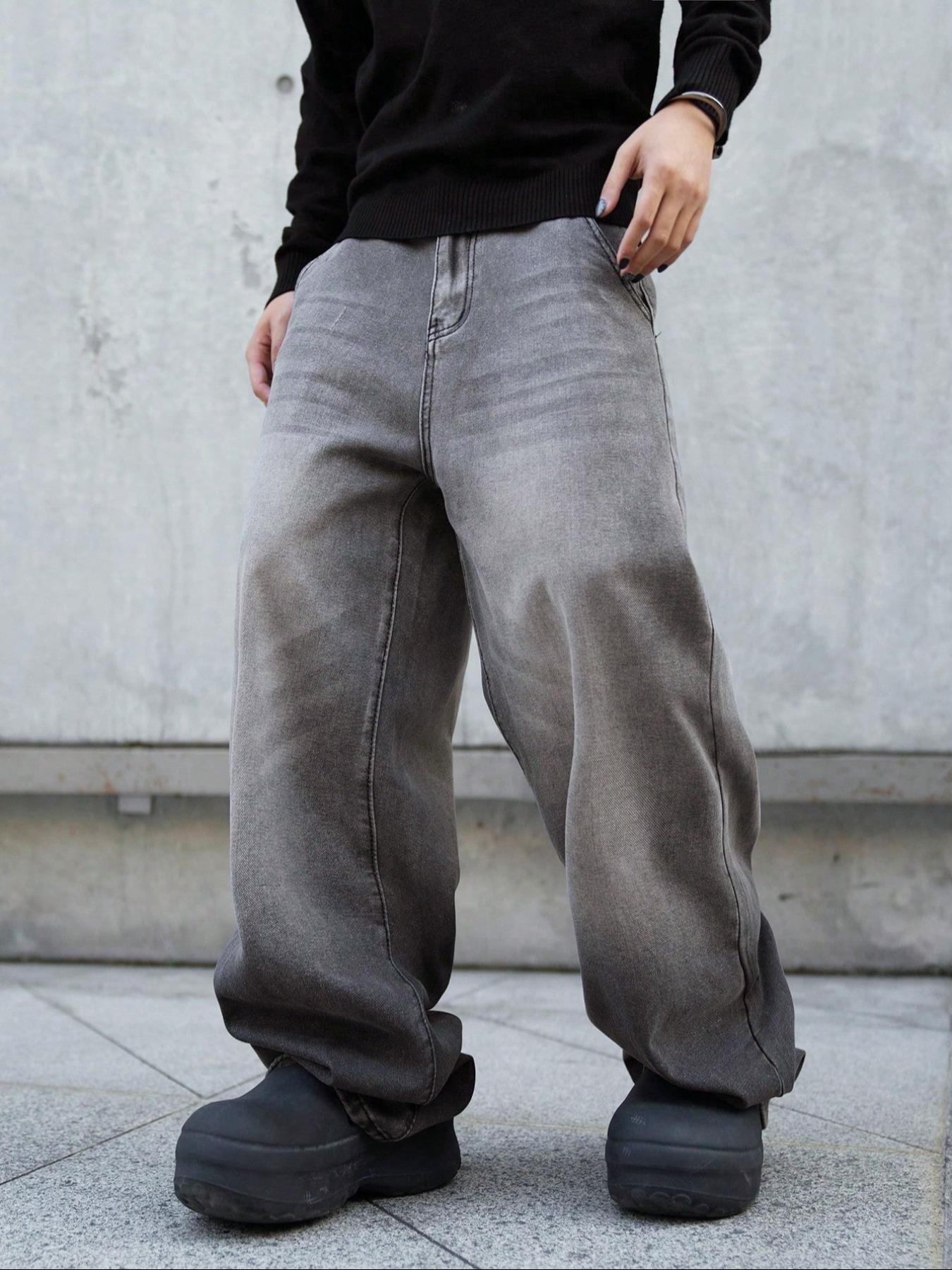 Men's Stylish Loose Wide Leg Denim Streetwear Pants, Side Pockets Denim Trousers for Daily Wear, Casual Street Wear Pocket Design Jeans for All Seasons