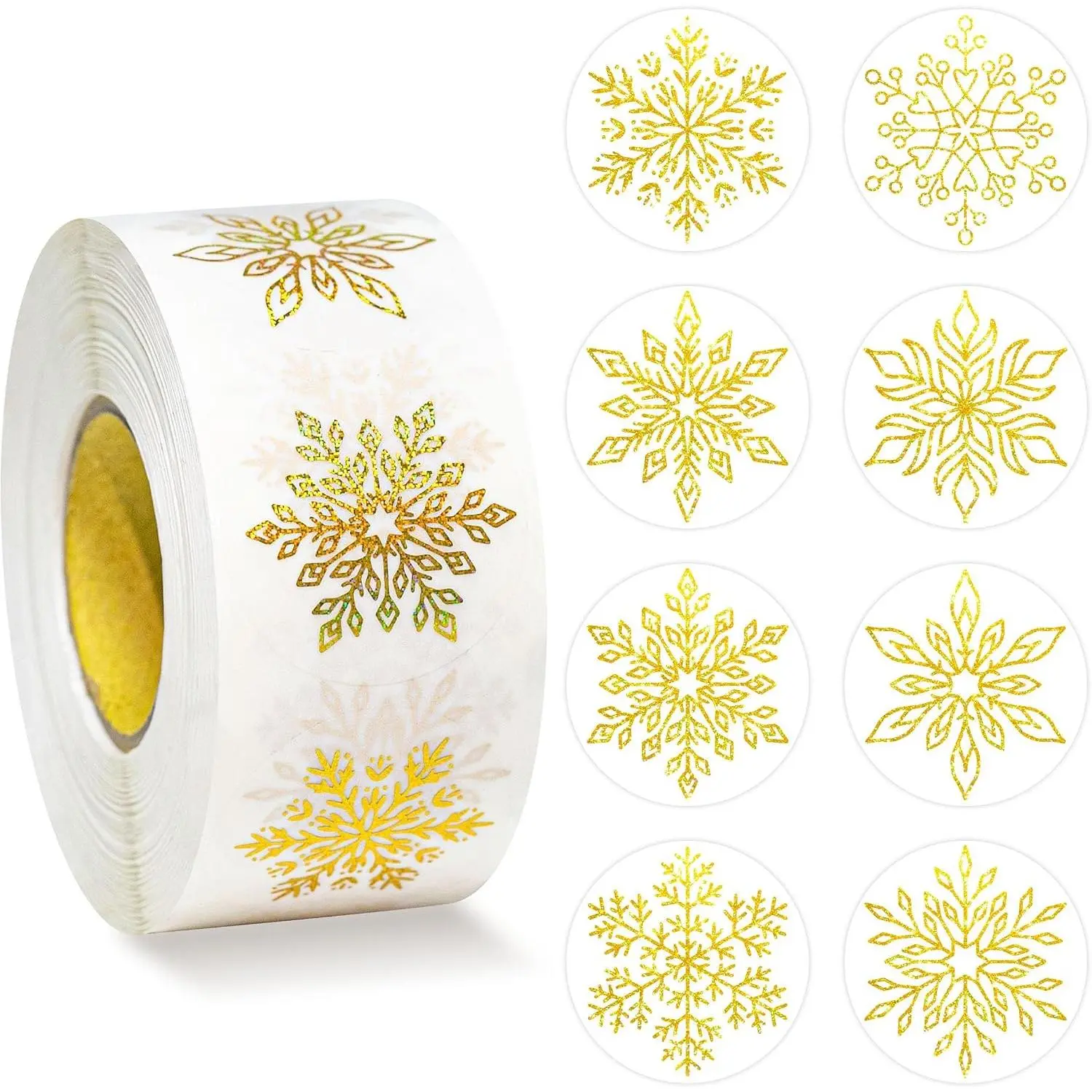 1000 count  Foil Snowflake Stickers Roll Self Adhesive 8 Styles | Clear Holographic Round Christmas Labels,Xmas Winter  for Envelopes Present Wrapping Crafts,Holiday Decorative Stickers