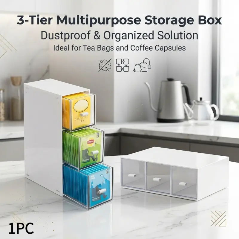 Multi-Grid Transparent Drawer Storage Container, Stackable Dust-Proof Holder for Coffee Pods, Tea Sachets & Small Pantry Accessories