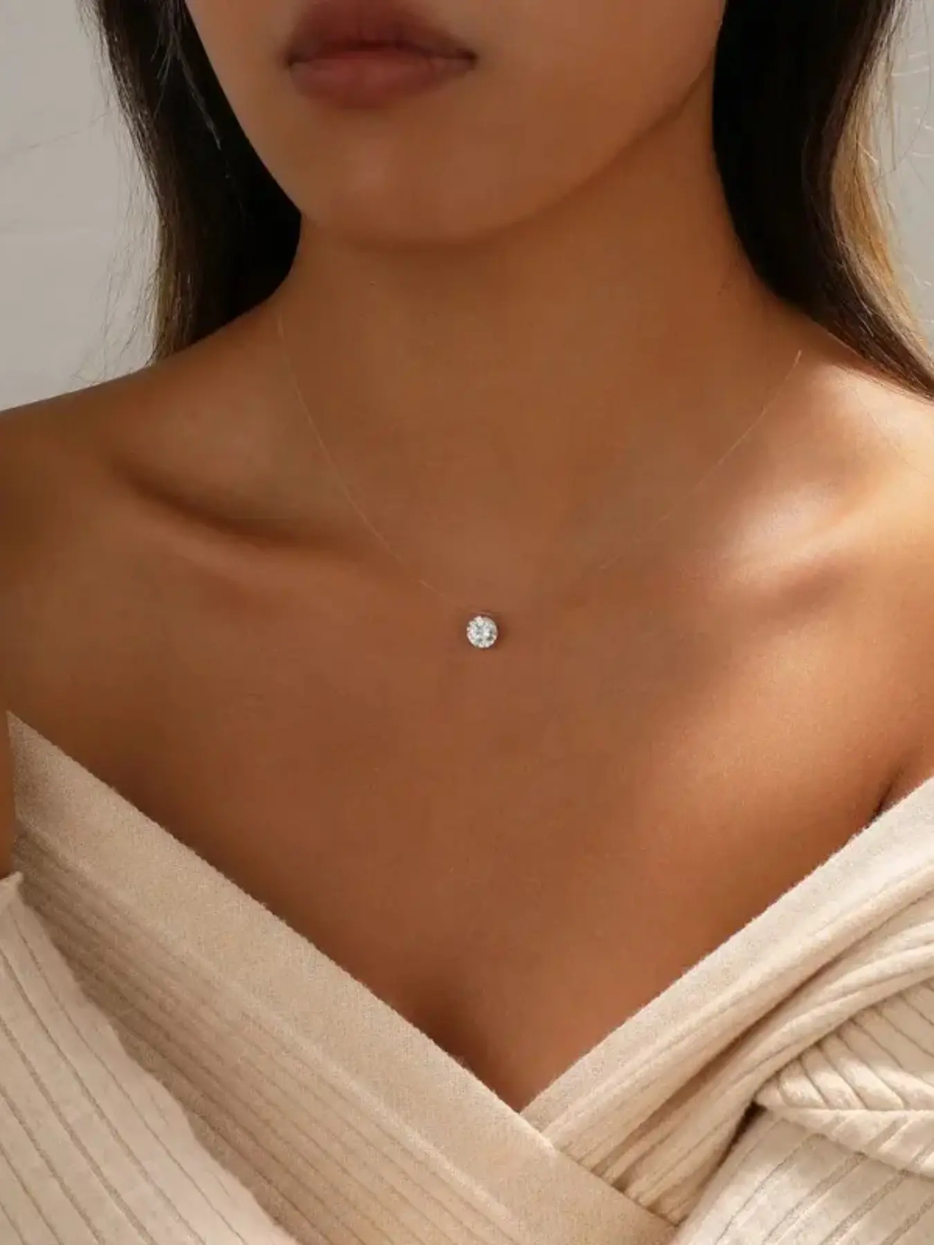 Minimalist Invisible Cord Choker Necklace, Sparkle Single Round Drop Charm Neck Ornament, Elegant Thin Line Fashion Accessory, Daily Wear Stackable Jewelry, Sweet Holiday Birthday Gift for Women Young Girls