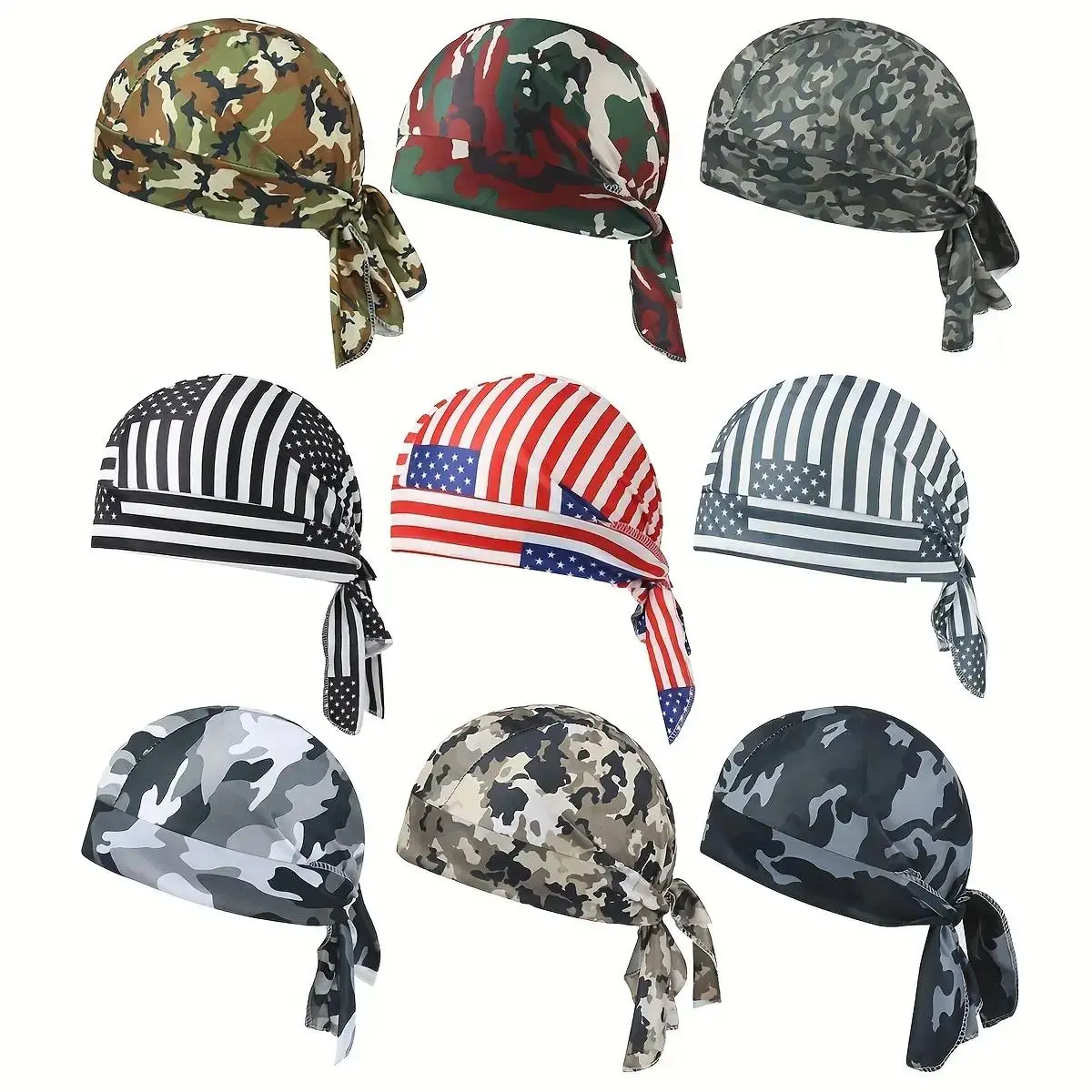 Men 9 Pack Breathable Cooling Polyester Durag Wave Caps, Camo & US Flag Print Sweat Wicking Stretch Skull Headwraps, Multi-Use Sport Headwear for Motorcycle Running Gym summerwins Outdoor Sports & Daily Wear