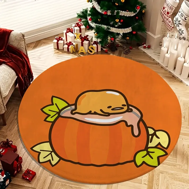1pc Sanrio Hello Kitty Gudetama Cartoon Large Non Slip Flannel | Super Soft Round Rug Play Mat Carpet Floor Chair Mat Cute Area Rug Decorative for Indoor Outdoor Playroom Circular Floor Mat for Bedroom Living Room Home Decor