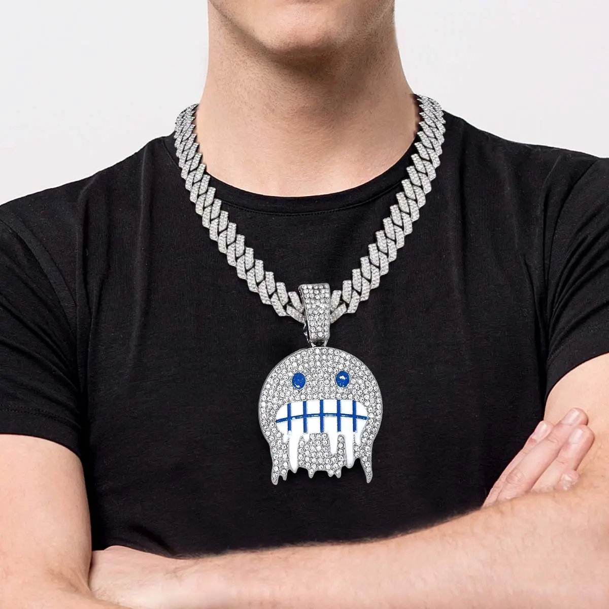 Iced Out Smiley Face Pendant Hip Hop Cuban Chain Emoji CZ Bling Necklace for Men and Women