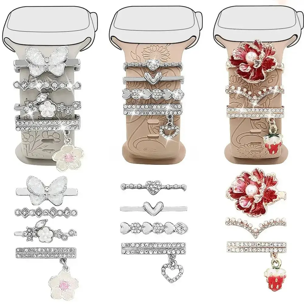 3pcs Watch Band Charms Rings Set - Aesthetic Butterfly Heart Flower Strawberry Slider Loops With Rhinestone Accents For Silicone Smartwatch Straps, Decorative Metal Accessory Set For Personalized Wristband Holiday Gift