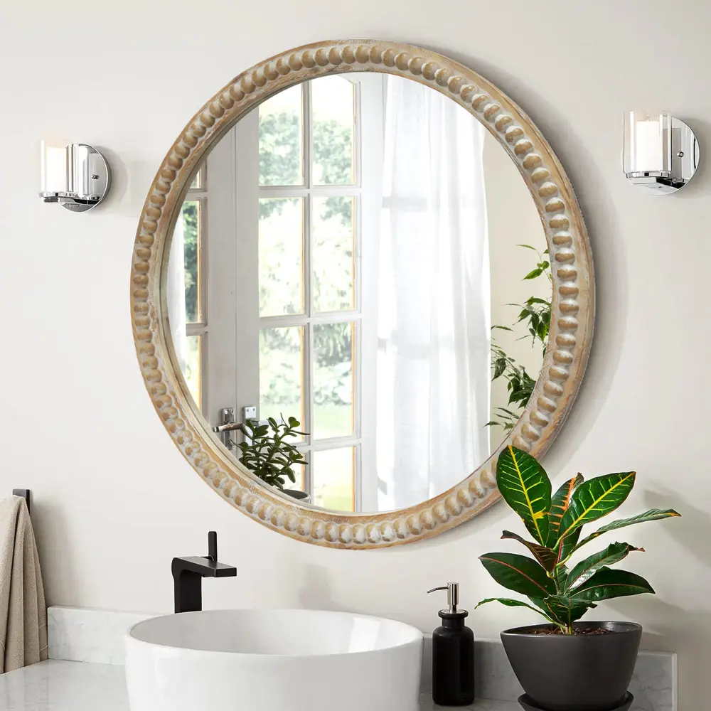 Littleox Round Decorative Wall Mirror, 31.50" Distressed Wood Beaded Frame Mirror for Entryway, Living Room, Bathroom, Farmhouse Style Accent Mirror