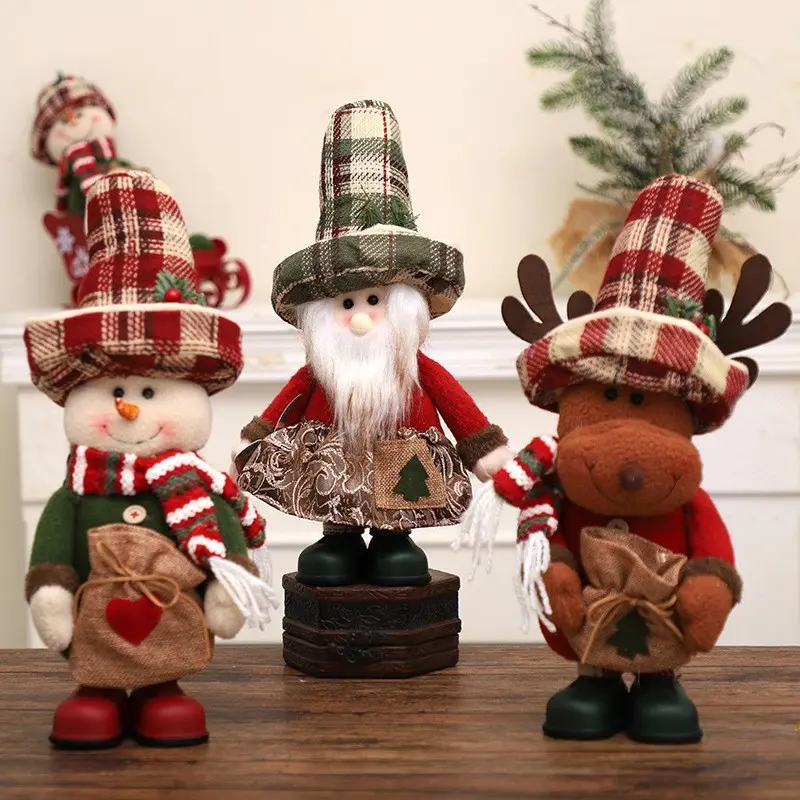 Charming festive Christmas standing fabric dolls in 3 styles: Christmas Gnome, Snowman & Reindeer. Ideal tabletop decor for home, fireplace & shelves. Perfect for Christmas parties and lovely holiday gifts.