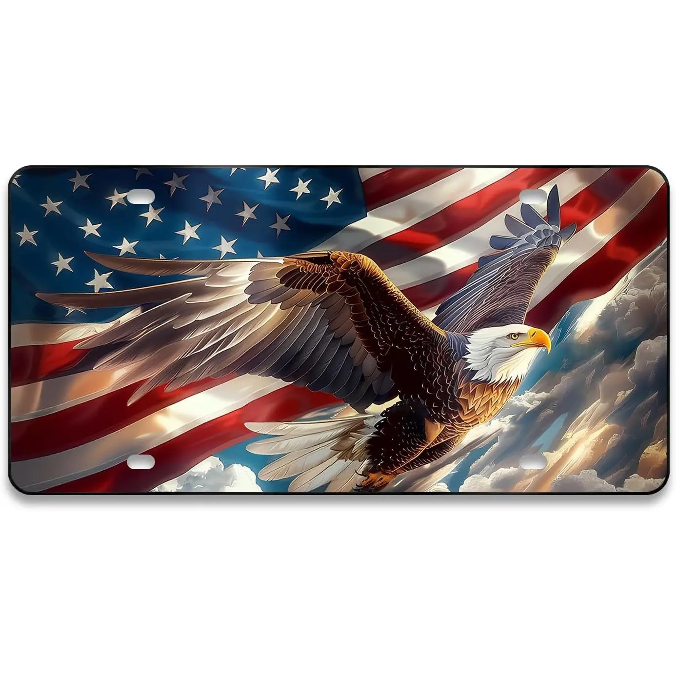 Front License Plate Cover - License Plate with American Flag & Eagle, Aluminum Decorative License Plates, Patriotic Novelty Vanity Tag, Car Decor Accessory with 4 Holes, 6*12 inch Car Plates Decor