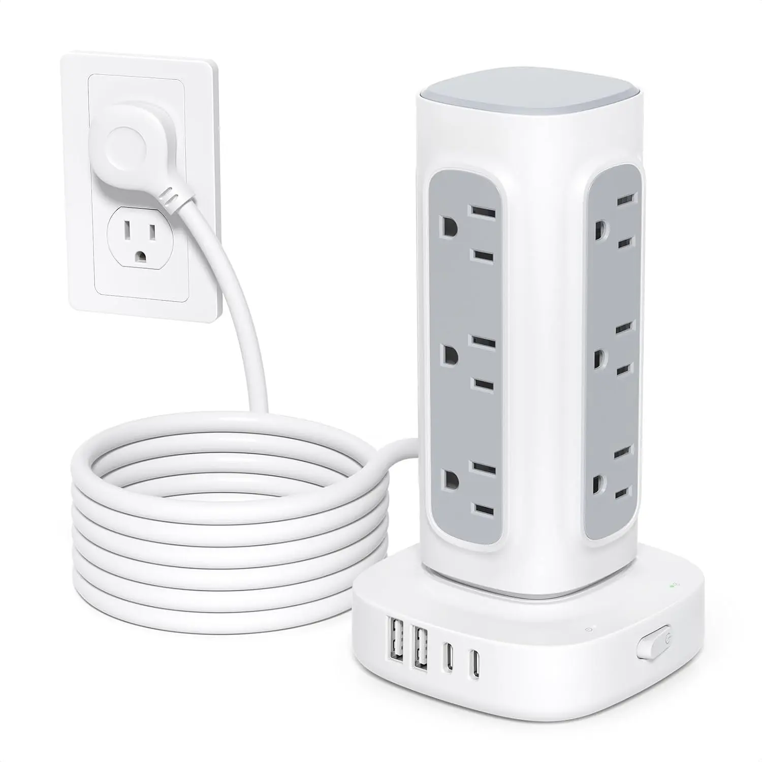 Space-Saving Surge Protector Power Strip Tower, Extension Cord 10 ft | Flat Plug, 12 AC, 2 USB-C & 2 UBS-A, Vertical  Station, 1700J,  Office Desk Supplies, Dorm Room Essentials, White