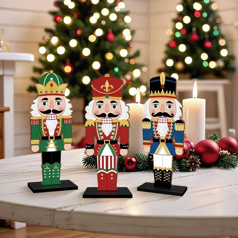3-piece Christmas Nutcracker Tabletop Sign Decor, Merry Christmas Centerpiece Wooden Plaque, Nutcracker Soldier Winter Holiday Party Tabletop Decoration, Christmas Tiered Tray