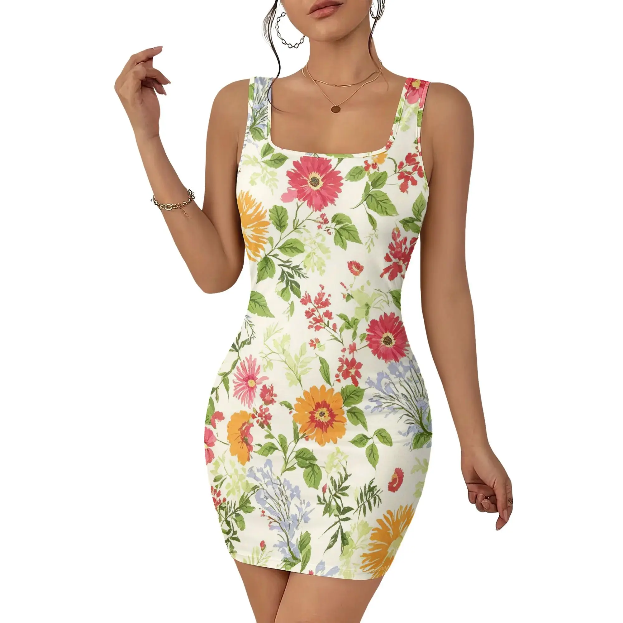 Women's Floral Bodycon Dress Sleeveless Square Neck Mini Summer Beach Party Sundress