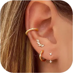4 Pairs Gold Silver Hoop Stud Earrings Set for Women Small Hoop Earring Sets for Multiple Piercing Dainty Gold Huggie Earrings Hypoallergenic Earring Stacks