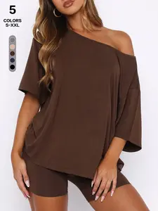 2026 Summer off Shoulder Short Sleeve Biker Shorts 2 Piece, Casual Loose Loungewear Set, Sexy High Waist Tracksuit for Daily Wear