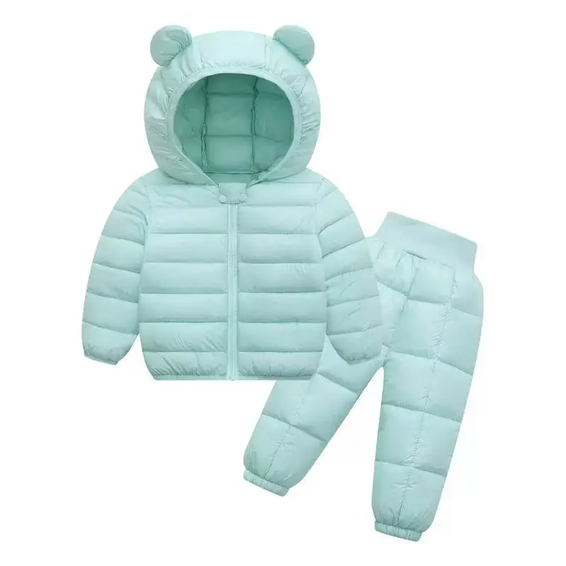 Kids' 2-Piece Ski Suit, Thick Polyester Winter Jacket and Pants Set with a Cute Bear Ear Hood for Boys & Girls, Skiing, Hooded, Ski Suit Set, Solid