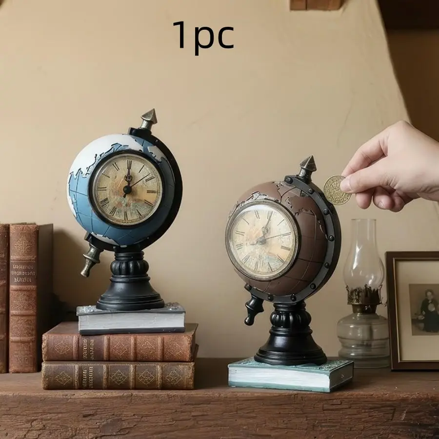 Fashionable Creative Home Decor Item, Resin Craftsmanship Vintage Earth Clock, Living Room Desktop Wall Clock, Unique Artistic Design, Creative Decorative Clock