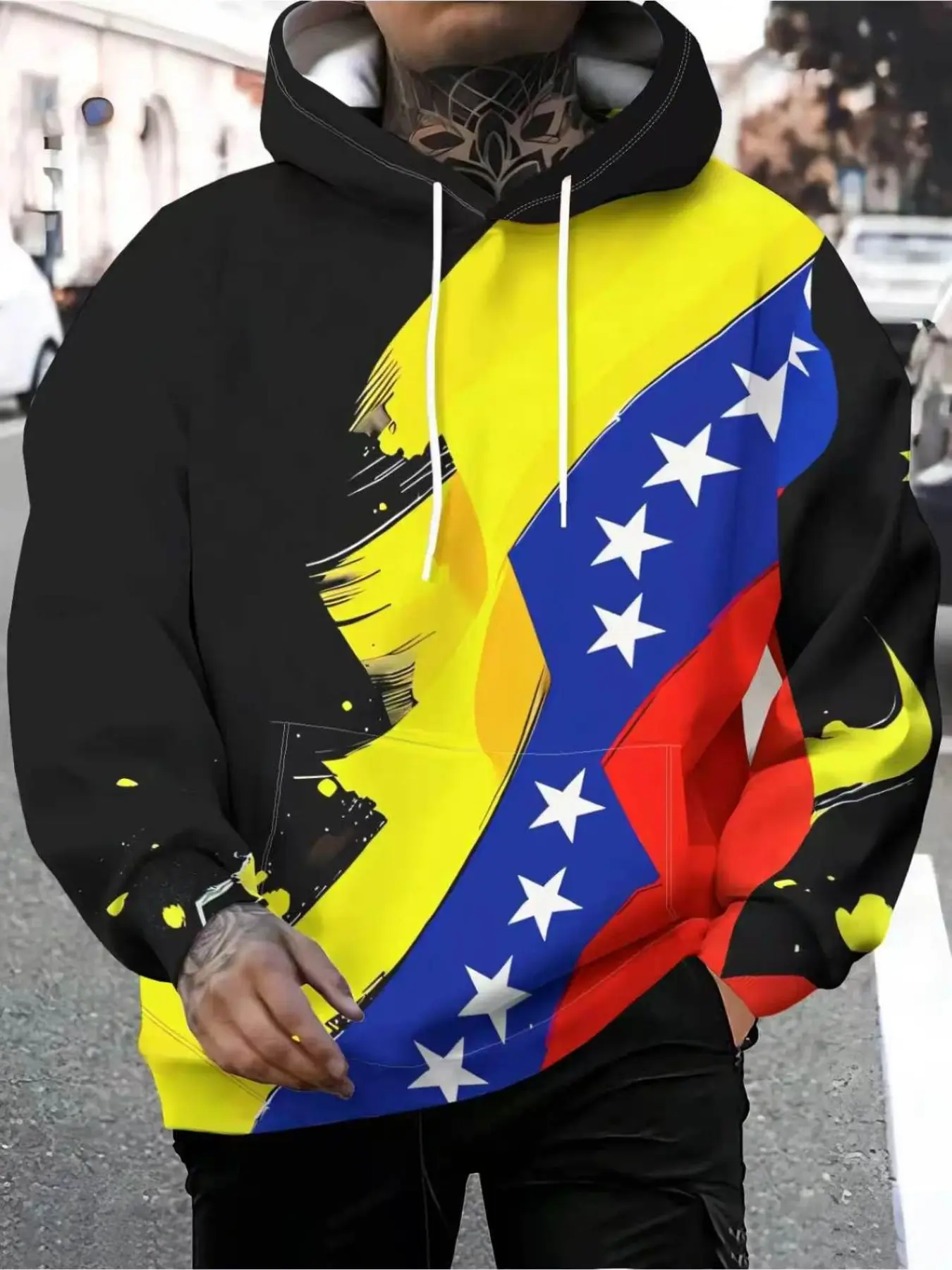 Hooded sweatshirt with Venezuelan flag color high-heeled shoes design, features a front pocket, suitable for spring and autumn, casual sportswear, machine washable, suitable for daily wear, Mixed Color Top