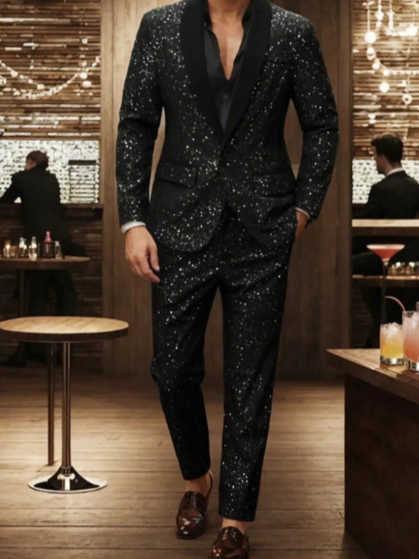 Men's Fashion Fitted Sequin Blazer Set, Elegant Stage Dress, Perfect for Dates, Ceremonies, Lapel Single Button Jacket with Nine-Pocket Pants