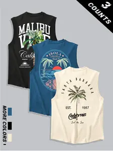 3 Pack Men's Malibu Santa Barbara Palm Tree Beach Graphic Sleeveless Cutoff Tank Tops, Retro Surf Coastal Urban Streetwear, lightweight breathable soft cotton fabric, wide relaxed armholes, large vintage tropical sunset coconut tree back prints with
