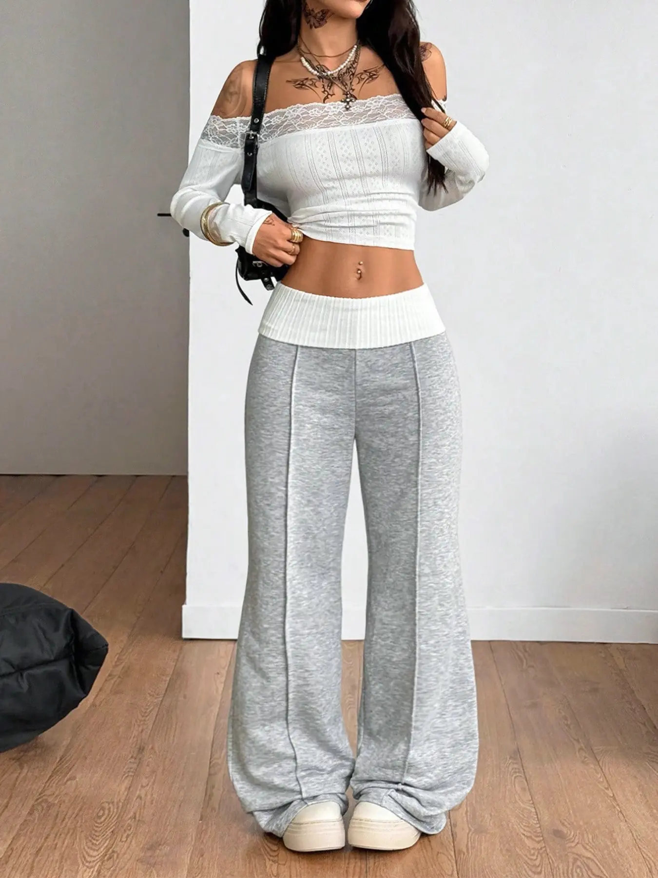 Women's Fall Winter Streetwear, Casual, Retro Daily Wear, Basic Y2K Knit Folded Pants, French Flare Pants
