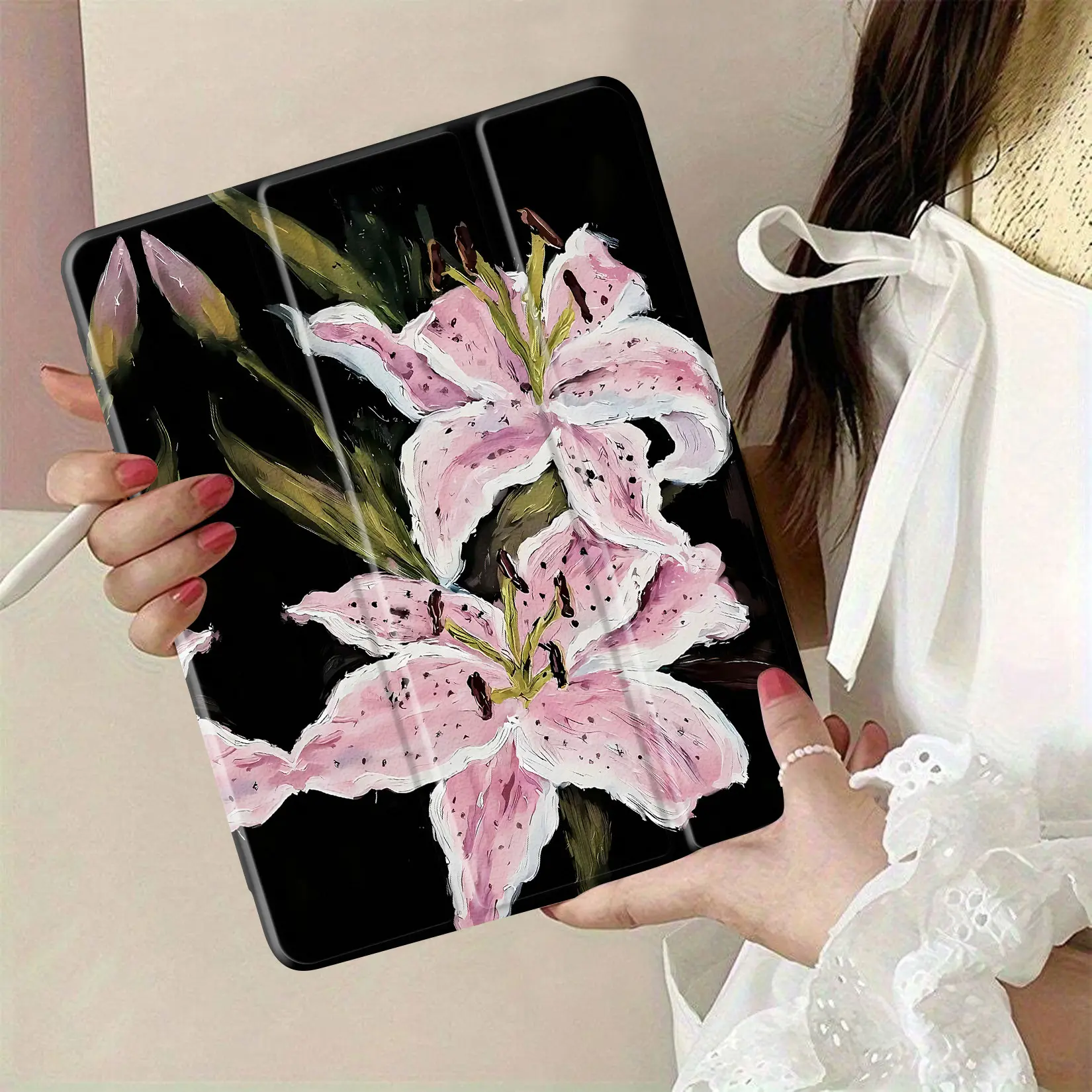 Stylish Pink Lily Design TPU iPad Series Tablet Cover, Protective Casing with Auto-Sleep Auto-Wake Functionality, Ideal Tablet Accessories Gift for Family & Friends