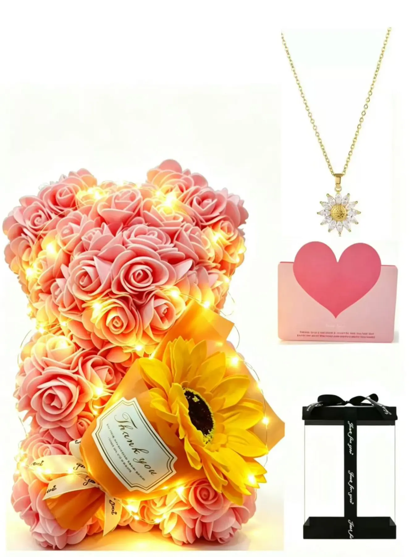 Sunflower Necklace Handmade Eternal Flower Rose Artificial Flower Bear Gift Set, Valentine's Day, Mother's Day, Graduation Gift
