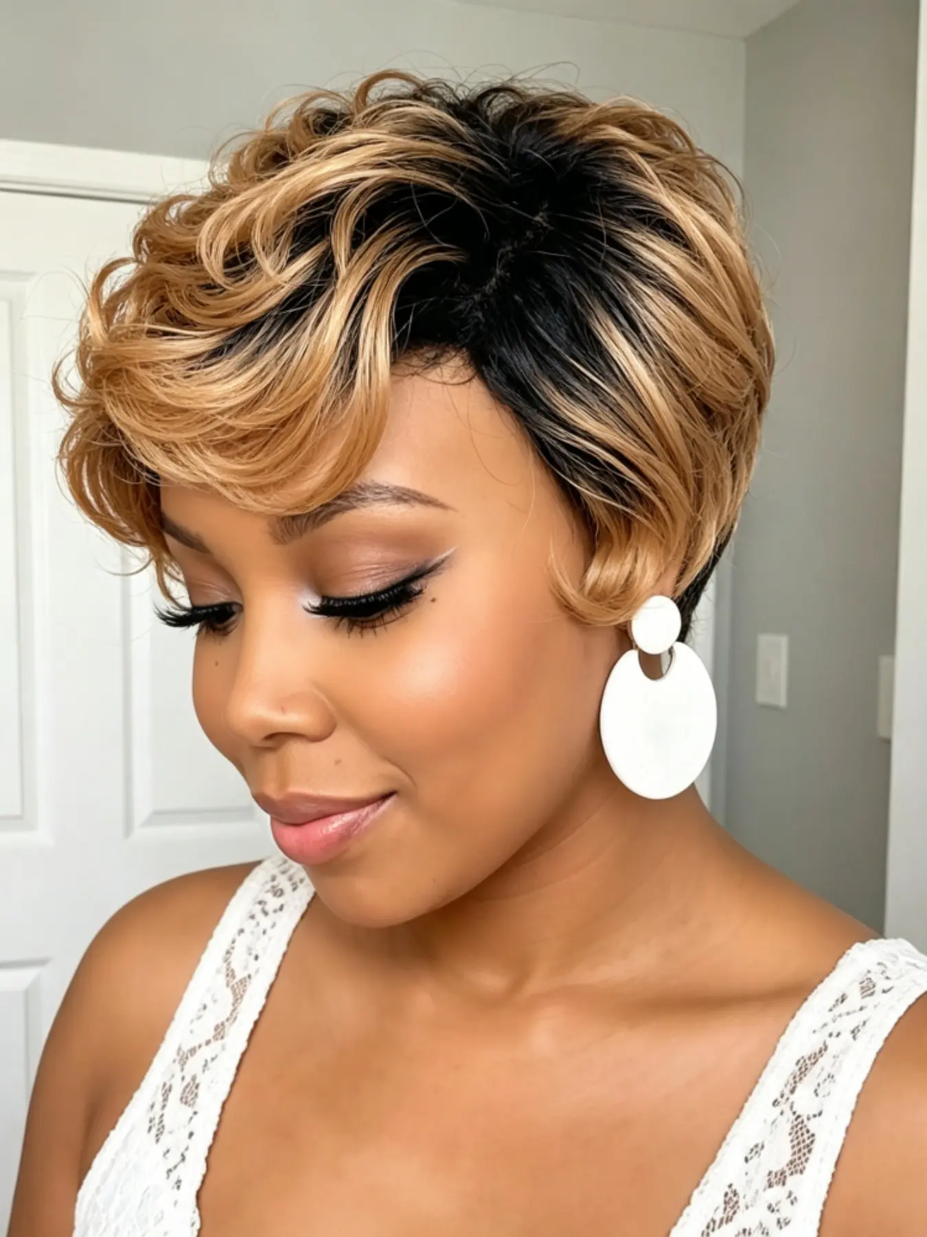 Full Machine Made Human Hair Short Pixie Cut Wig, Two Tone Root Honey Blonde, Natural Side Fringe, Women's Hairstyle Accessory, Human Hair Wigs