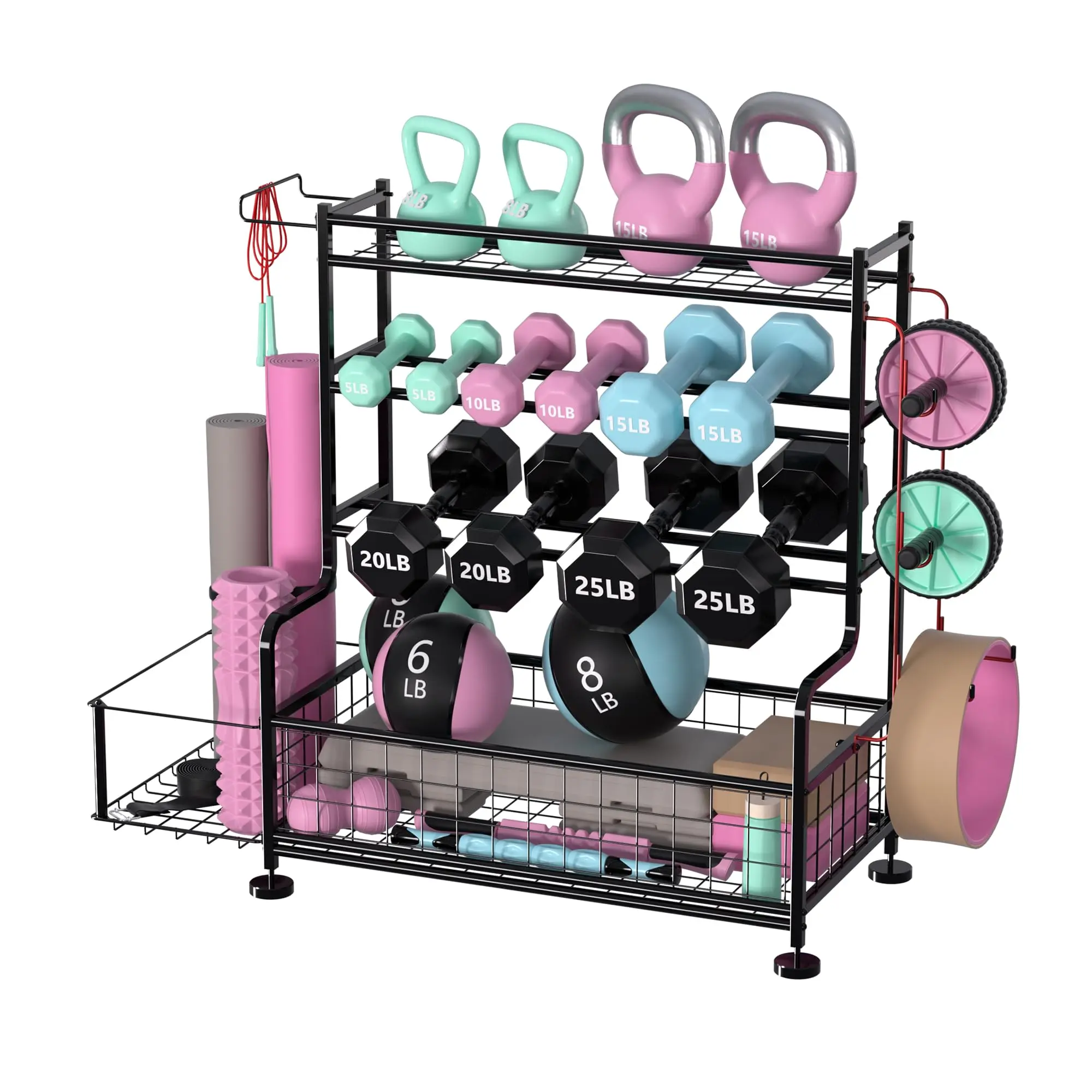 Dumbbell Rack with Wheels, Heavy Duty Weight Storage Organizer for Home Gym Garage, Holds Dumbbells Kettlebells Yoga Mats Foam Rollers, 350lbs Capacity, Rolling Fitness Cart