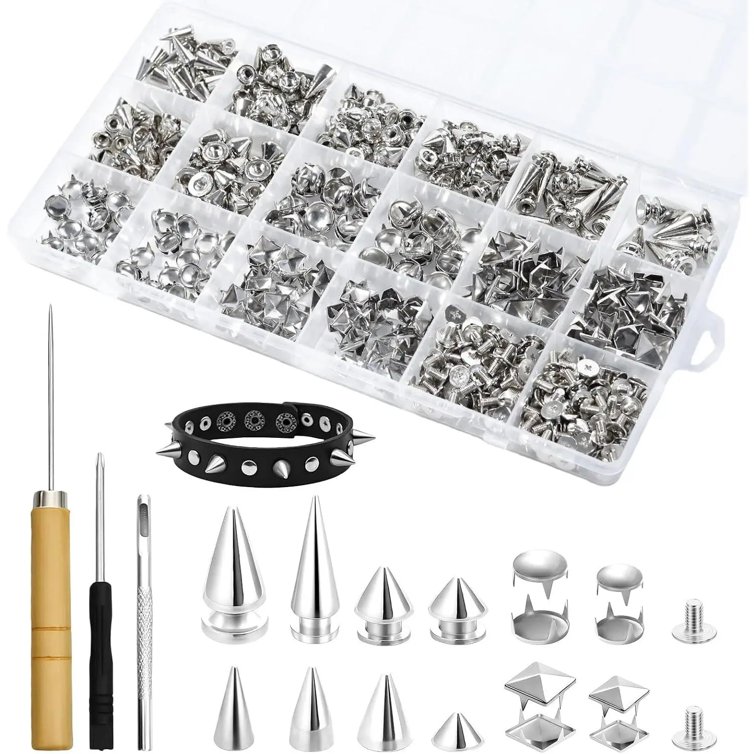 543 Sets Punk Studs and Spikes Kit,8 Size Cone Spikes, Square Pyramid Studs Round Leather Rivets for Leathercraft Clothing Accessories   DIY Punk Style Decoration