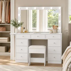 47"W 9 Drawers Vanity Set with Fold-up Panel [Shipping by 2 Packages] Vanity Desk with Power Outlet, Makeup Vanity with Lighted Mirror, 3 Lighting Modes Adjustable, Glass Top, Vanity Table with Chair for Bedroom,SummerVibe