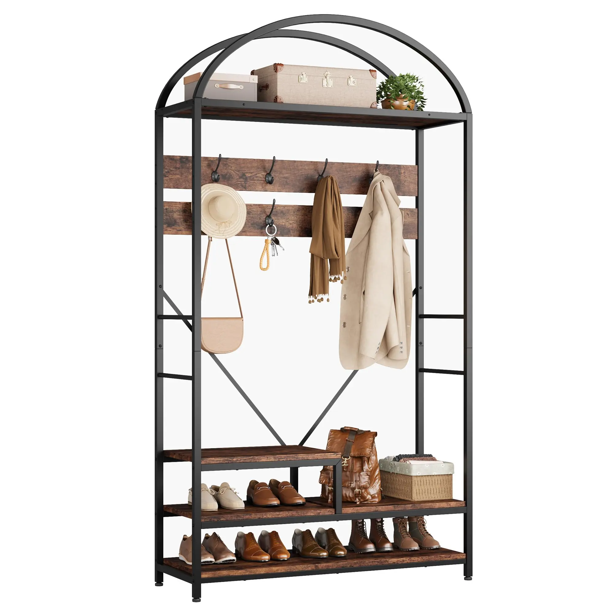 3-in-1 Hall Tree with 16 Hooks & Shoe Bench, Double Arch Coat Rack with Top Shelf, Industrial Entryway Organizer for Small Space