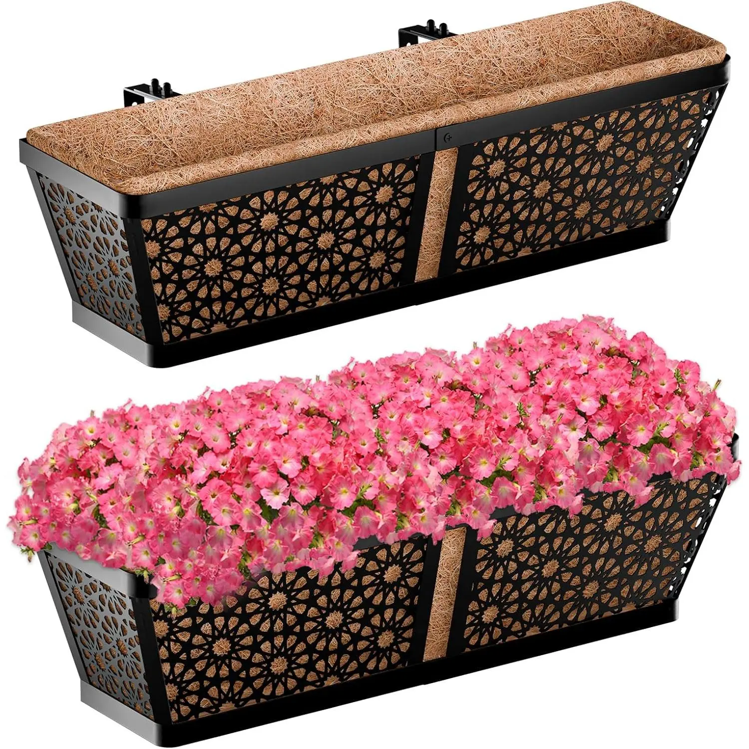 Railing Planter Boxes, 24 Inch Window Flower Box Planters with Coco Liner & Adjustable Brackets for Deck Porch Fence Patio Balcony Gardening Outdoor Plants (2 Pack)