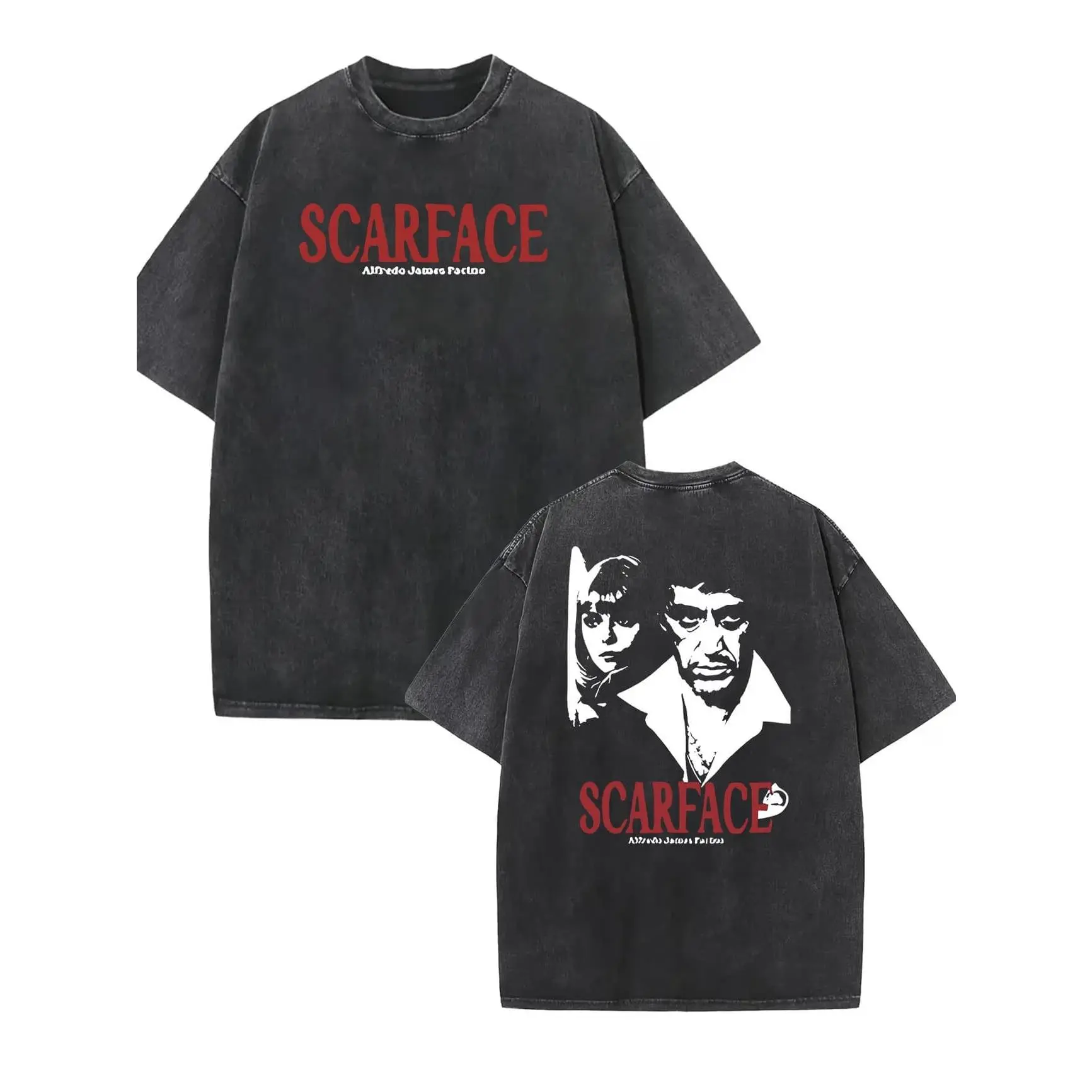 Men's Crime Movie Nostalgia Crew Neck Short-Sleeve Graphic T-Shirt - Front Tiny Scarface Title Print, Back Large Tony Montana Elvira Portrait, for Outdoor Travel Daily Streetwear, Shortsleeve, Graphic T Shirts
