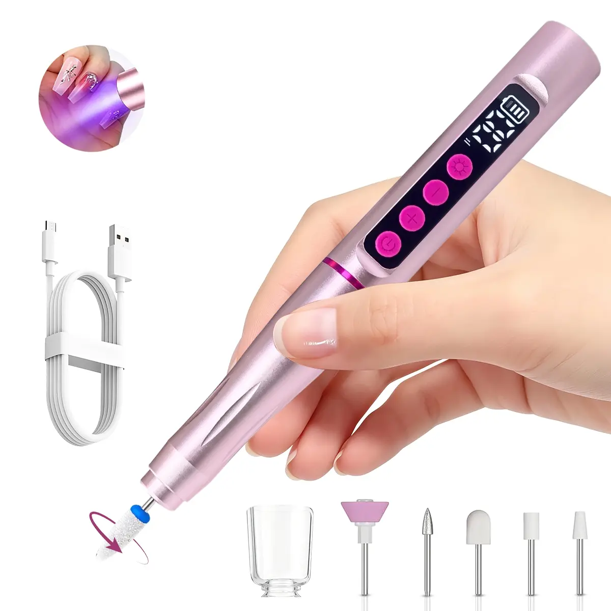 Electric Nail Drill Kit, Portable Efile Nail Grinder for Acrylic Gel Dip Powder Nails, 35000RPM High Speed Motor, Smart Speed Control, Forward Reverse Rotation, Type-C Recharge, UV Nail Lamp, 6 Nail Bits for Salon & Home Manicure Pedicure