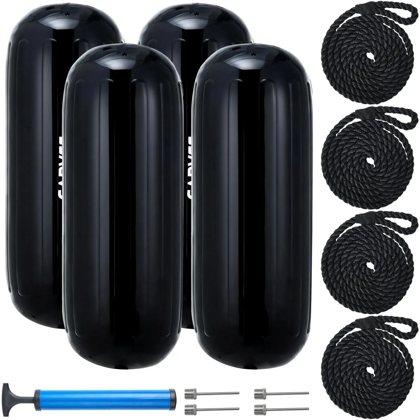 Boat Fenders 4 Pack 10 x 28 Inches Boat Bumpers for Docking, Ribbed Center Hole, Comes with Ropes and Pump to Inflate